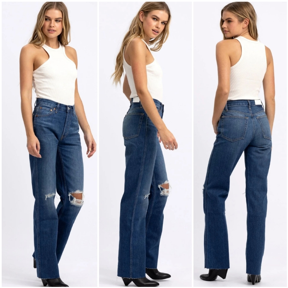 RE/DONE 90's High Rise Loose Distressed Straight Leg Raw Hem Jeans Size … - Picture 1 of 9